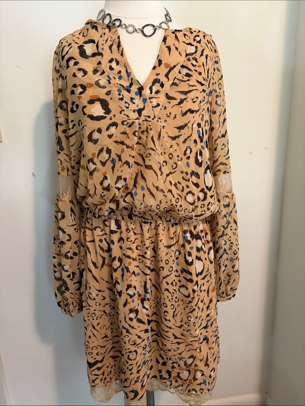 White House Black Market Tan Leopard Print Long Sleeve Dress with Blue Accents